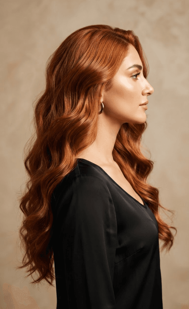 نیم‌رخ زنی با موی بلند مسی موج‌دار